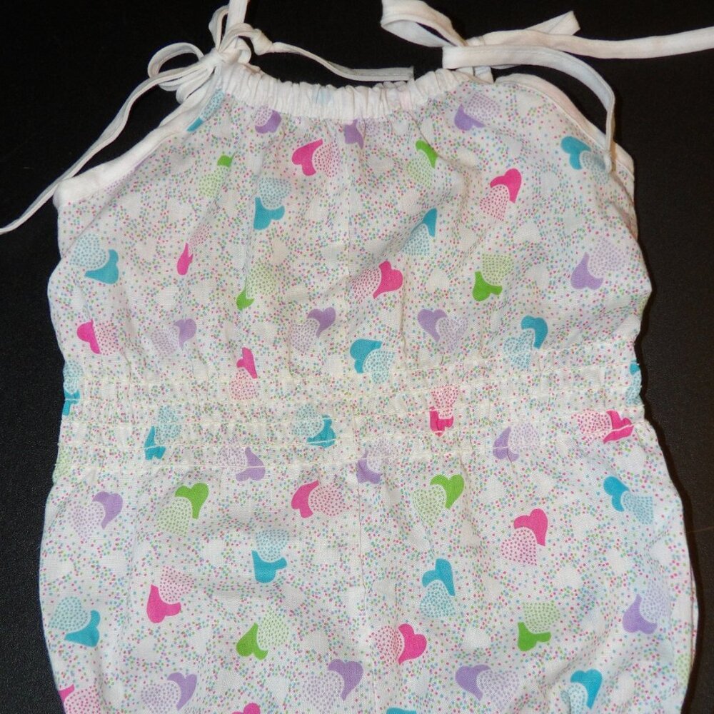 Vintage Girls White Sunsuit Romper with Colorful Hearts Shoulder Ties Size 12M